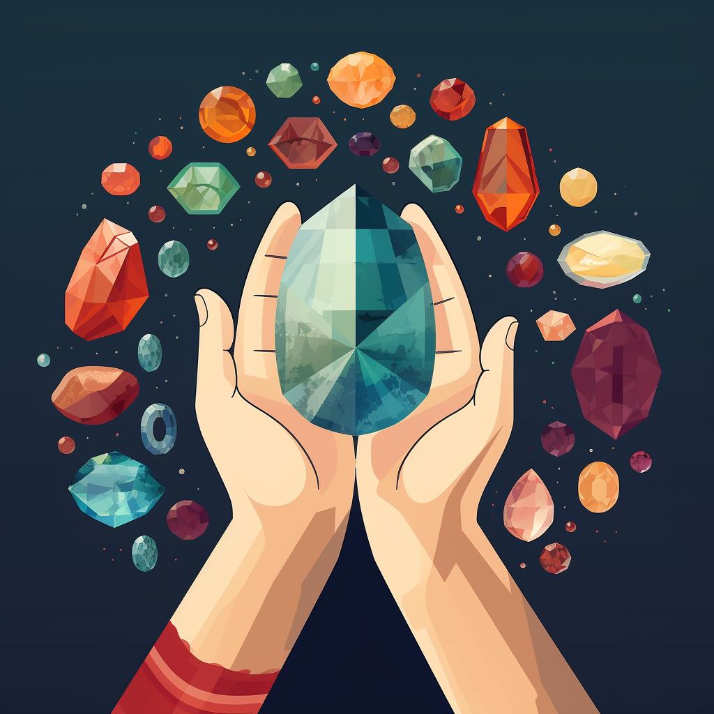 A person's hand reaching for a crystal among a variety of gemstones