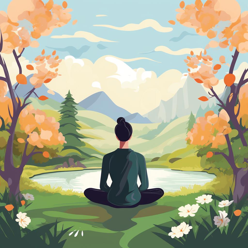 A person meditating in a blooming spring garden