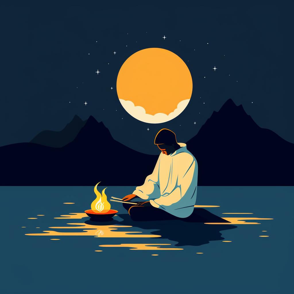 A person performing a moon ritual, such as meditating or burning a piece of paper