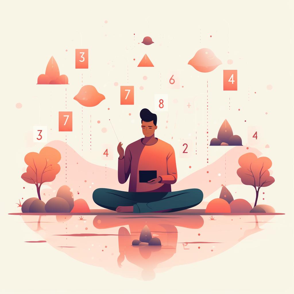 A person meditating with numbers floating around them